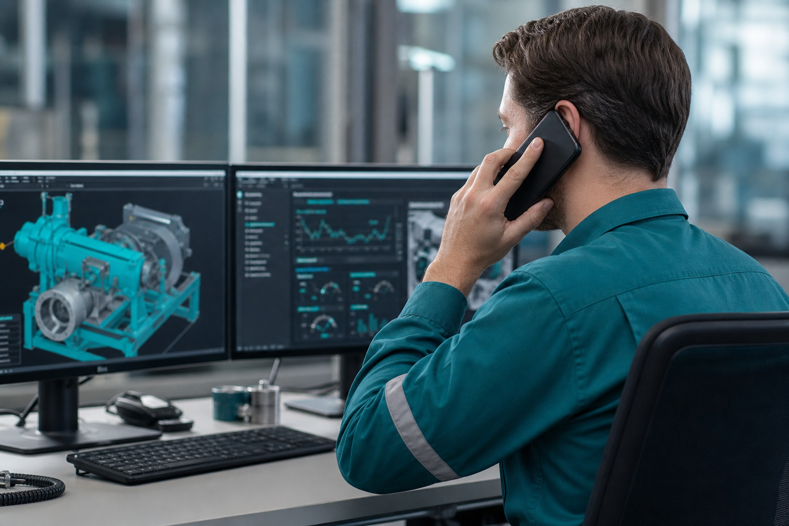 Ingenieur am Computer mit Telefon bei Remote-Online-Debugging